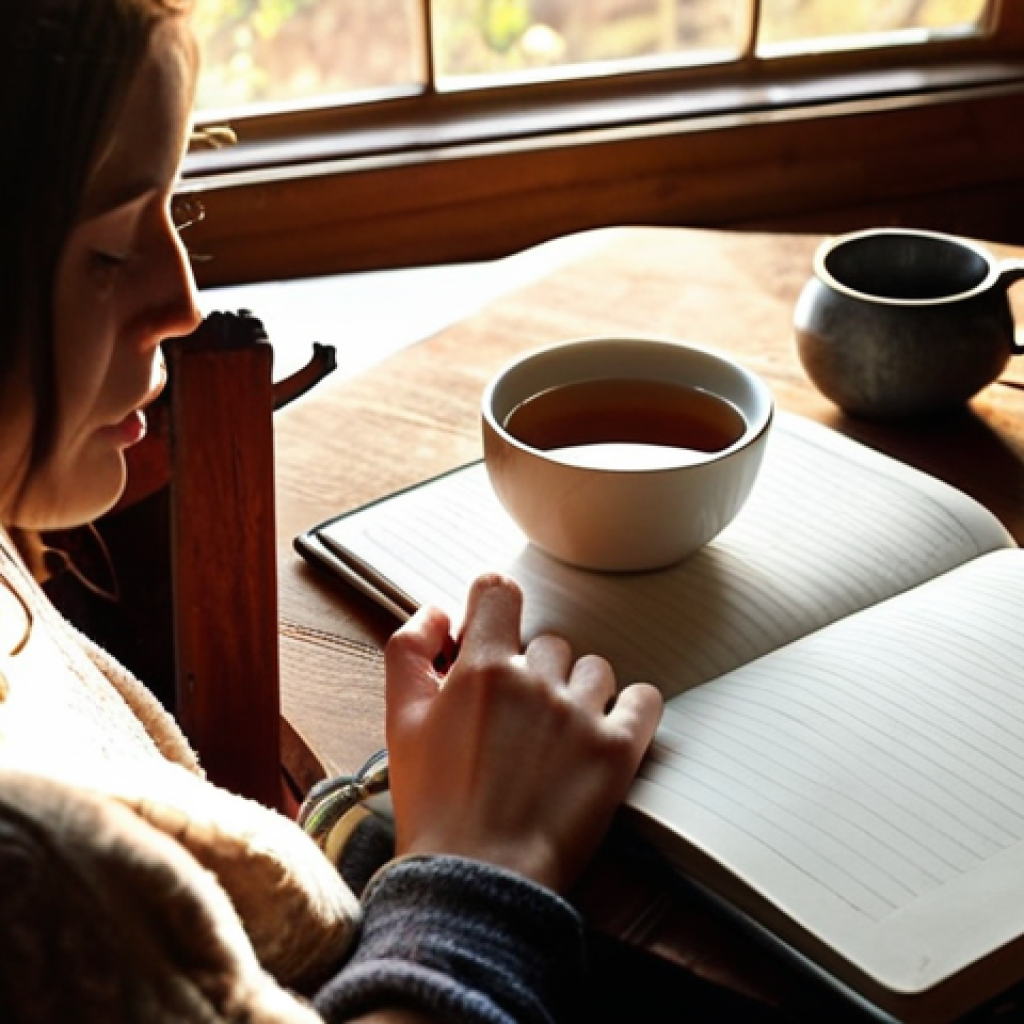 **

A person comfortably writing in a journal (could be a physical notebook or a digital app on a tablet) in a cozy setting – perhaps a favorite armchair or a sunlit desk. The image should convey a sense of introspection and calm. The scene includes elements like a warm cup of tea/coffee, soft lighting, and maybe some personal items that suggest reflection, like a photo or a meaningful object. Focus on the act of journaling and the feeling of personal growth.

**
