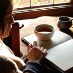 **

A person comfortably writing in a journal (could be a physical notebook or a digital app on a tablet) in a cozy setting – perhaps a favorite armchair or a sunlit desk. The image should convey a sense of introspection and calm. The scene includes elements like a warm cup of tea/coffee, soft lighting, and maybe some personal items that suggest reflection, like a photo or a meaningful object. Focus on the act of journaling and the feeling of personal growth.

**