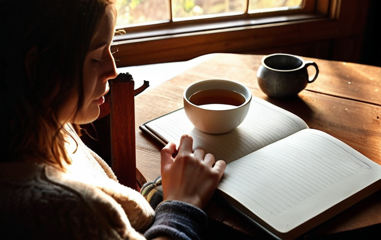 **
A person comfortably writing in a journal (could be a physical notebook or a digital app on a tablet) in a cozy setting – perhaps a favorite armchair or a sunlit desk. The image should convey a sense of introspection and calm. The scene includes elements like a warm cup of tea/coffee, soft lighting, and maybe some personal items that suggest reflection, like a photo or a meaningful object. Focus on the act of journaling and the feeling of personal growth.
**