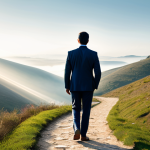 A focused professional, fully clothed in a modest business suit, stands on a winding, narrow path that opens up into a vast, clear, sunlit landscape. The background transitions from subtle, abstract mist to a bright, inspiring vista, symbolizing a breakthrough from mental stagnation to clarity. The subject's posture is natural and determined, looking forward with perfect anatomy, well-formed hands, and correct proportions. The lighting is bright and optimistic, enhancing the sense of new possibilities. safe for work, appropriate content, professional dress, family-friendly.