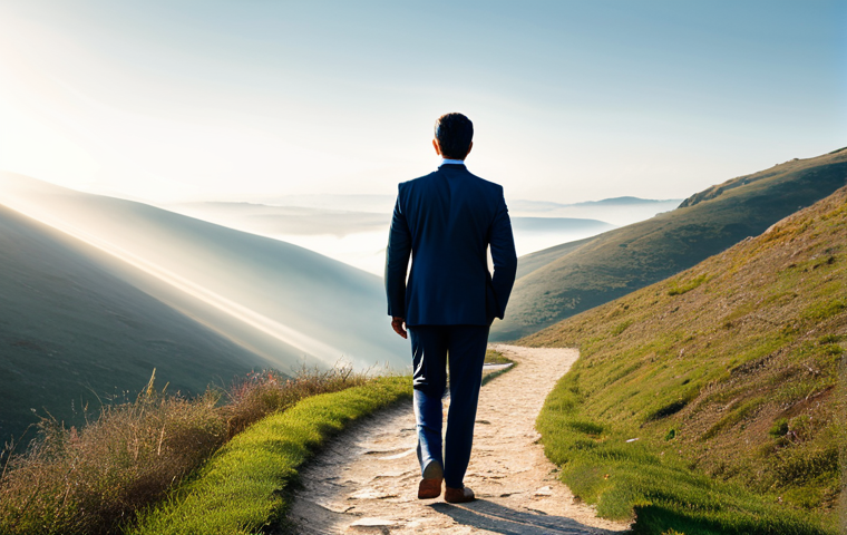 A focused professional, fully clothed in a modest business suit, stands on a winding, narrow path that opens up into a vast, clear, sunlit landscape. The background transitions from subtle, abstract mist to a bright, inspiring vista, symbolizing a breakthrough from mental stagnation to clarity. The subject's posture is natural and determined, looking forward with perfect anatomy, well-formed hands, and correct proportions. The lighting is bright and optimistic, enhancing the sense of new possibilities. safe for work, appropriate content, professional dress, family-friendly.