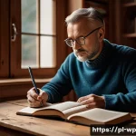 Home 20 관점 전환 훈련의 효과를 평가하는 방법 - A thoughtful middle-aged Polish man sitting at a cozy wooden desk in a warmly lit living room, writi...