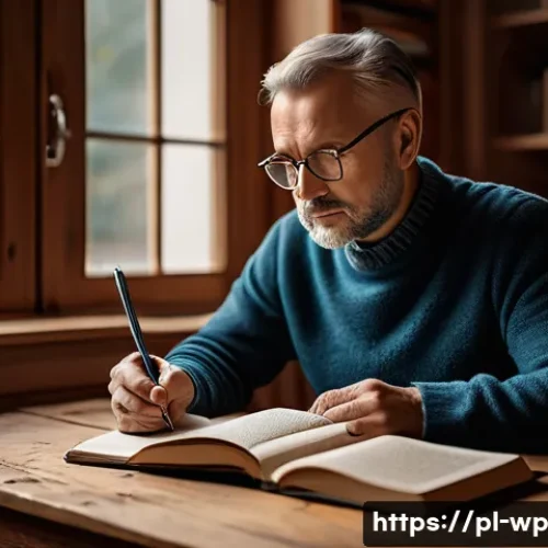 Home 32 관점 전환 훈련의 효과를 평가하는 방법 - A thoughtful middle-aged Polish man sitting at a cozy wooden desk in a warmly lit living room, writi...