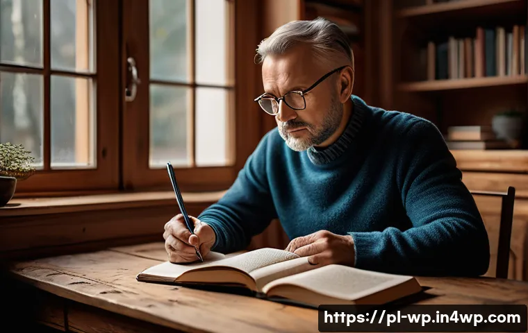 관점 전환 훈련의 효과를 평가하는 방법 - A thoughtful middle-aged Polish man sitting at a cozy wooden desk in a warmly lit living room, writi...