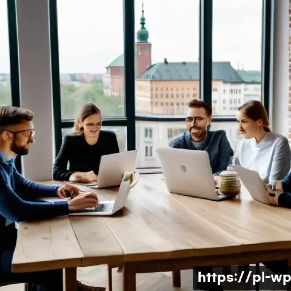 관점 전환 훈련을 통한 개인적 성장 - A diverse group of professionals in a modern Polish office setting, engaged in a creative brainstorm...