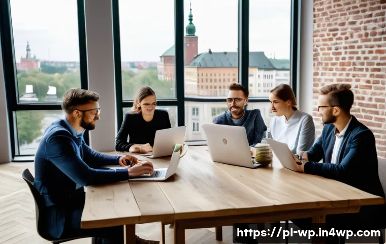 관점 전환 훈련을 통한 개인적 성장 - A diverse group of professionals in a modern Polish office setting, engaged in a creative brainstorm...