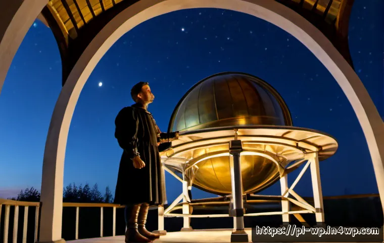 관점 전환의 역사적 사례 - Photorealistic 16th-century Polish observatory at dusk, a Renaissance astronomer inspired by Nicolau...