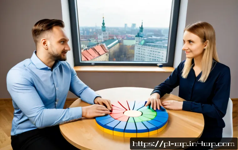 Home 17 관점 전환 훈련과 팀워크의 연관성 - Photorealistic modern Warsaw office workshop, diverse Polish colleagues seated around a clean round ...